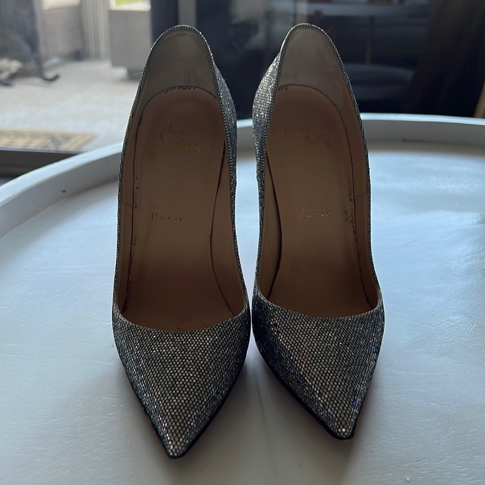 Sparkly Christian Louboutin Silver Pigalle Follies. 4.5 inches. 120mm. Size 36.5